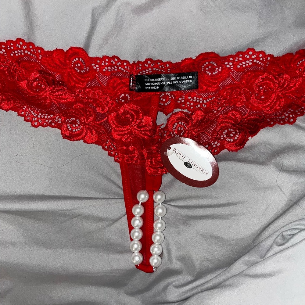 Red Lace Thong with Pearl Detail